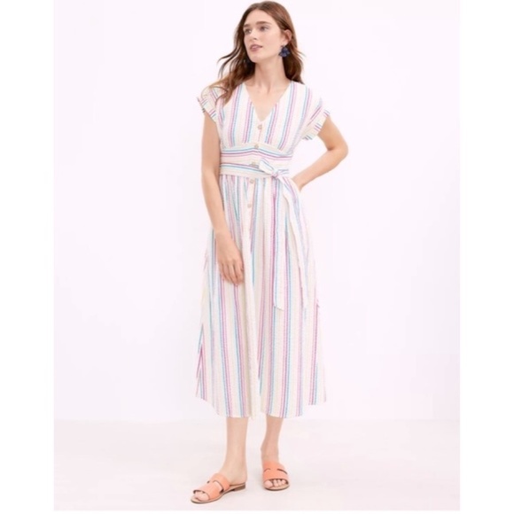 LOFT Dresses & Skirts - Loft Multi Stipe MIDI Button Front Seersucker Dress